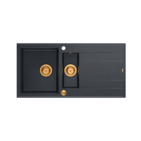 EVAN 156 GraniteQ zlewozmywak z syfonem Push To Open 1,5-komorowy z/o (1000x500x210; kom. 420x480) black diamond / elementy miedziane