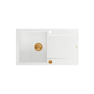 EVAN 111 GraniteQ zlewozmywak z syfonem Push 2 Open 1-komorowy z/o (860x500x210) snow white / elementy miedziane