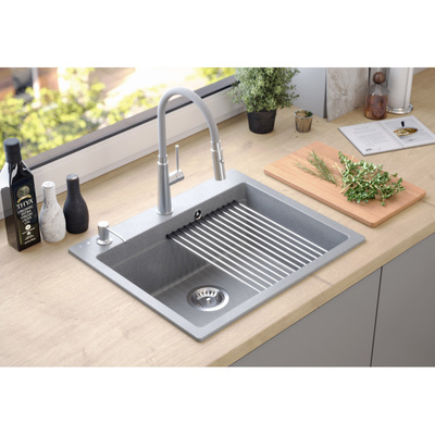 Zlewozmywak granitowy KURT 110 WORKSTATION – jednokomorowy, wpuszczany, snow white/elementy stalowe + AKCESORIA, Quadron