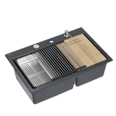 Zlewozmywak granitowy MARC 120 WORKSTATION – dwukomorowy, wpuszczany, black diamond/elementy stalowe + AKCESORIA, Quadron