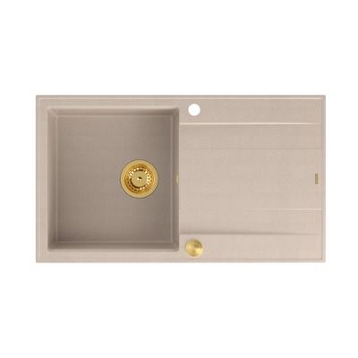 Zlewozmywak granitowy EVAN 111 – jednokomorowy, wpuszczany, pearl beige/elementy złote, Quadron