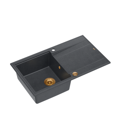 EVAN 111 GraniteQ zlewozmywak z syfonem i zaślepką 1-komorowy z/o (860x500x210) black diamond / elementy miedziane