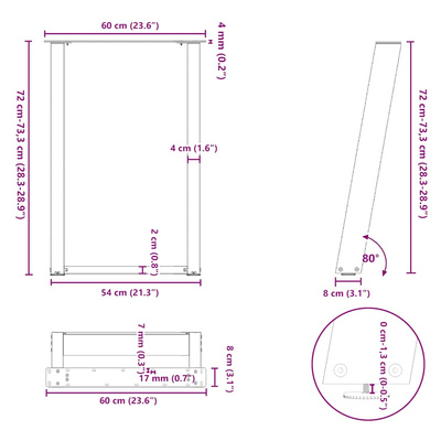 Nogi do stołu jadalnego w kształcie litery U 2 szt. Naturalna stal 60x(72-73) cm Stal