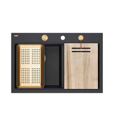 Zlewozmywak granitowy MARC 120 WORKSTATION – dwukomorowy, wpuszczany, pure carbon/elementy miedziane + AKCESORIA, Quadron