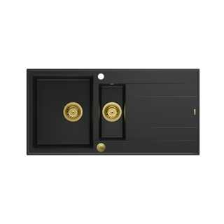 EVAN 156 GraniteQ zlewozmywak z syfonem Push To Open 1,5-komorowy z/o (1000x500x210; kom. 420x480) pure carbon / elementy złote