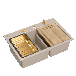 Zlewozmywak granitowy MARC 120 WORKSTATION – dwukomorowy, wpuszczany, pearl beige/elementy miedziane + AKCESORIA, Quadron