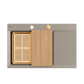 JOSH 111 GraniteQ zlewozmywak 1-komorowy z/o (780x500x215) soft taupe + syfon push 2 open + deska + wkładka/ elementy miedziane