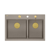 Zlewozmywak granitowy MARC 120 WORKSTATION – dwukomorowy, wpuszczany, soft taupe/elementy złote + AKCESORIA, Quadron