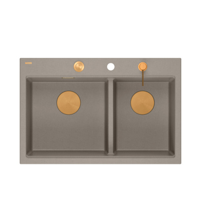 Zlewozmywak granitowy MARC 120 WORKSTATION – dwukomorowy, wpuszczany, soft taupe/elementy miedziane + AKCESORIA, Quadron