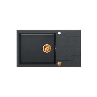 EVAN 136 XL GraniteQ zlewozmywak z syfonem Push To Open 1-komorowy z/o (860x500x210; kom. 420x490) black diamond / elementy miedziane