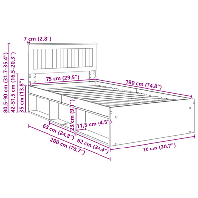 Ramka łóżka Z zagłówkiem Biały 75 x 190 cm Lite drewno sosnowe