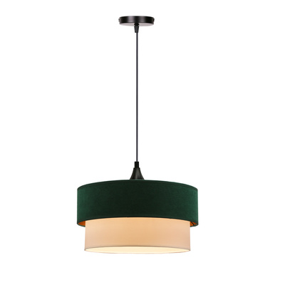 Lampa wisząca z abażurem Sinagra butelkowa zieleń biały welurowy abażur do salonu