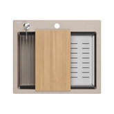 Zlewozmywak granitowy KURT 110 WORKSTATION – jednokomorowy, wpuszczany, pearl beige/elementy stalowe + AKCESORIA, Quadron