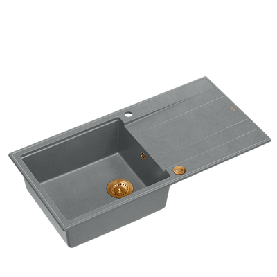 EVAN 146 XL GraniteQ zlewozmywak z syfonem Push 2 Open 1-komorowy z/o (1000x500x210; kom. 420x480) silver stone / elementy miedziane