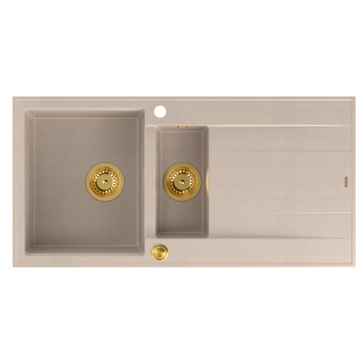 Zlewozmywak granitowy EVAN 156  – półtorakomorowy, wpuszczany, pearl beige/elementy złote, Quadron