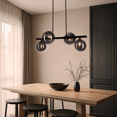 Lampa wisząca KAMA czarna w stylu dark japandi – z grafitowymi kloszami kulami – designerska lampa do salonu 4x G9 LED