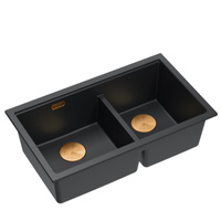 Zlewozmywak granitowy LOGAN 120 – dwukomorowy, wpuszczany, pure carbon/elementy miedziane, Quadron