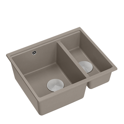 QUADRON | LOGAN 150 | granitowy zlewozmywak kuchenny SOFT TAUPE + STAL | wymiary: 56 x 46 x 22 cm | 1,5-komorowy wpuszczany | podbudowa szafki od: 60 cm