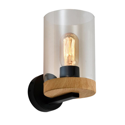 Wels lampa ścienna kinkiet 1X40 czarny+drewniany klosz dymiony 21-21953
