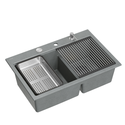Zlewozmywak granitowy MARC 120 WORKSTATION – dwukomorowy, wpuszczany, silver stone/elementy stalowe + AKCESORIA, Quadron