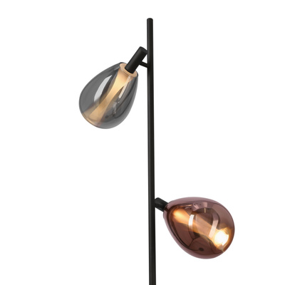 Lampa podłogowa Denso czarna dwupunktowa szklane klosze dymiony i miedziany