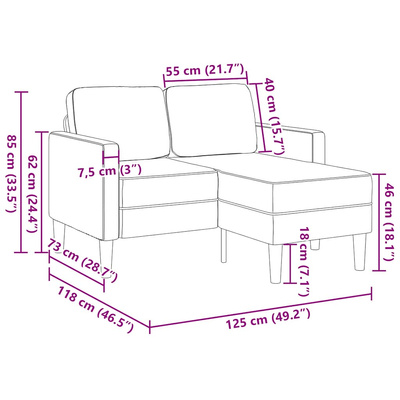 Sofa 2-osobowa z szezlongiem w kształcie litery L, jasnoszara