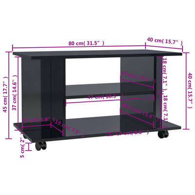 vidaXL Szafka pod TV z kółkami, wysoki połysk, czarna, 80x40x40 cm
