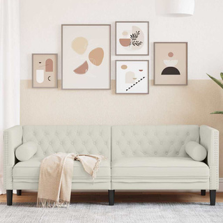 Sofa Chesterfield z wałkami, trzyosobowa, kremowa, aksamit