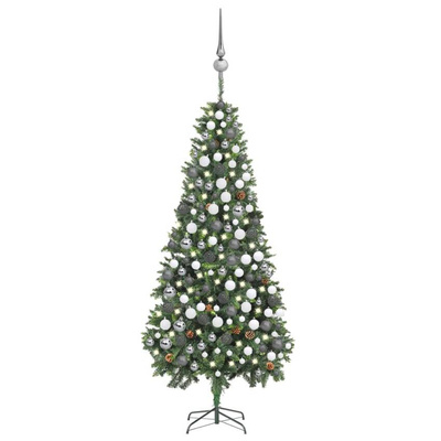 vidaXL Sztuczna choinka z lampkami, bombkami i szyszkami, 210 cm model standard