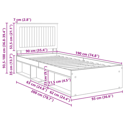 Ramka łóżka Szary beton 90 x 190 cm Lite drewno sosnowe