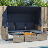 Sofa ogrodowa 3-osobowa z baldachimem i stołkami, szary, polirattan