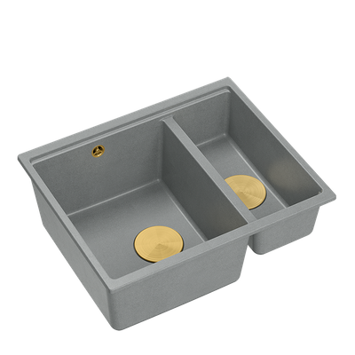 QUADRON | LOGAN 150 | granitowy zlewozmywak kuchenny SZARY + ZŁOTO PVD | wymiary: 56 x 46 x 22 cm | 1,5-komorowy podwieszany | podbudowa szafki od: 60 cm