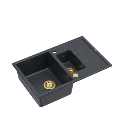 MORGAN 156 GraniteQ zlewozmywak black diamond z syfonem Push To Open okrągły 1,5-komorowy z/o +/ elementy złote