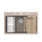 Zlewozmywak granitowy MARC 110 WORKSTATION – jednokomorowy, wpuszczany, pearl beige/elementy stalowe + AKCESORIA, Quadron