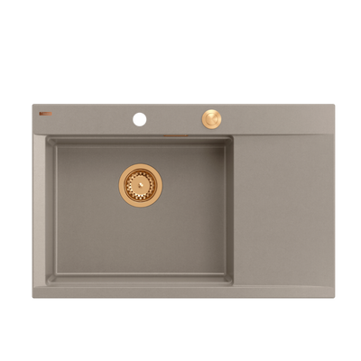 JOSH 111 GraniteQ zlewozmywak 1-komorowy z/o (780x500x215) soft taupe + syfon push 2 open + deska + wkładka/ elementy miedziane