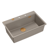 QUADRON | MARC 110 FM PRODUKT NA ZAMÓWIENIE | granitowy zlewozmywak kuchenny SZAROBEŻOWY + MIEDŹ PVD | wymiary: 75 x 49 x 24 cm | akcesoria: syfon, dozownik, deska | 1-komorowy na równi w blatem | podbudowa szafki od: 80 cm