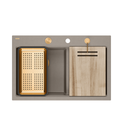 Zlewozmywak granitowy MARC 120 WORKSTATION – dwukomorowy, wpuszczany, soft taupe/elementy miedziane + AKCESORIA, Quadron
