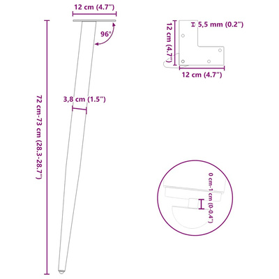 Nogi do stołu konsolowego w kształcie stożka 4 szt. Antracyt 72-73 cm Stal