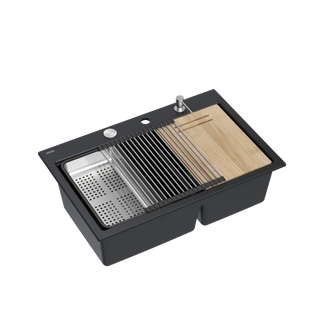 Zlewozmywak granitowy MARC 120 WORKSTATION – dwukomorowy, wpuszczany, pure carbon/elementy stalowe + AKCESORIA, Quadron