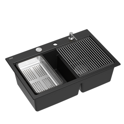 Zlewozmywak granitowy MARC 120 WORKSTATION – dwukomorowy, wpuszczany, pure carbon/elementy stalowe + AKCESORIA, Quadron