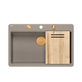 QUADRON | MARC 110 FM PRODUKT NA ZAMÓWIENIE | granitowy zlewozmywak kuchenny SZAROBEŻOWY + MIEDŹ PVD | wymiary: 75 x 49 x 24 cm | akcesoria: syfon, dozownik, deska | 1-komorowy na równi w blatem | podbudowa szafki od: 80 cm