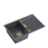 Zlewozmywak granitowy OWEN 111 – jednokomorowy, wpuszczany, black diamond/elementy złote, Quadron