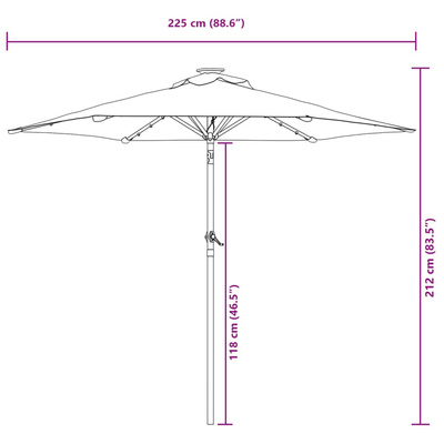 Parasol ogrodowy LED, stalowy słupek, bordowy, 225x225x212 cm