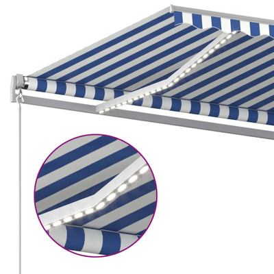 Ręcznie zwijana markiza z LED, 600x350 cm, niebiesko-biała