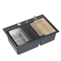 Zlewozmywak granitowy MARC 120 WORKSTATION – dwukomorowy, wpuszczany, black diamond/elementy stalowe + AKCESORIA, Quadron
