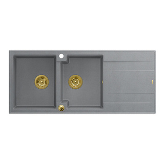 EVAN 121 GraniteQ zlewozmywak z syfonem Push To Open 2-komorowy z/o (1160x500x210; kom. 420x340) silver stone / elementy złote