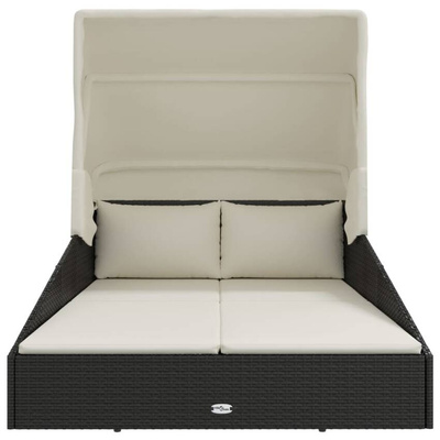 vidaXL Leżak ze składanym dachem, czarny, 200x114x128 cm, polirattan