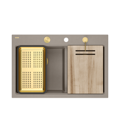 Zlewozmywak granitowy MARC 120 WORKSTATION – dwukomorowy, wpuszczany, soft taupe/elementy złote + AKCESORIA, Quadron