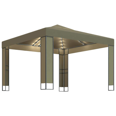Altana z podwójnym dachem i sznurem lampek LED 3x3x2,7 m, taupe