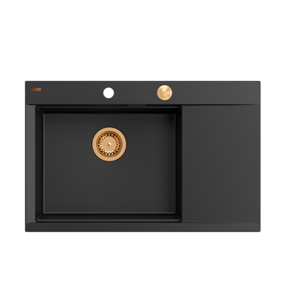 JOSH 111 GraniteQ zlewozmywak 1-komorowy z/o (780x500x215) black diamond  + syfon push 2 open + deska + wkładka/ elementy miedziane